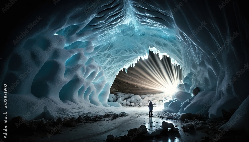  a man standing in a large ice cave with a light at the end.  generative ai