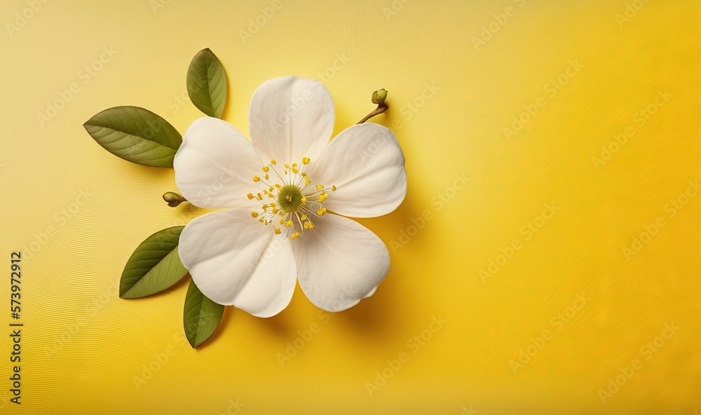  a white flower with green leaves on a yellow background with a place for text.  generative ai