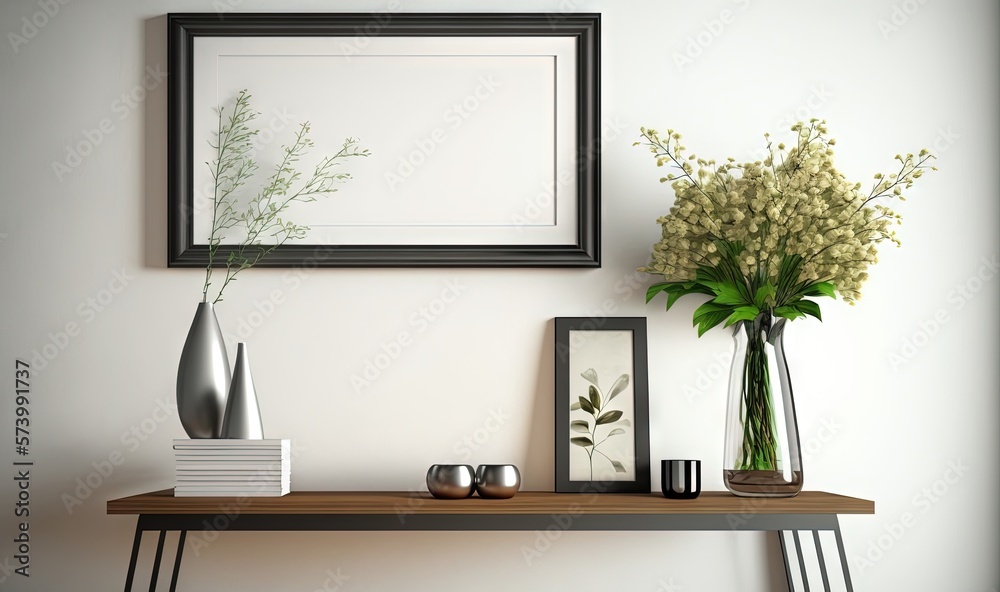  a table with a vase of flowers and a picture frame.  generative ai