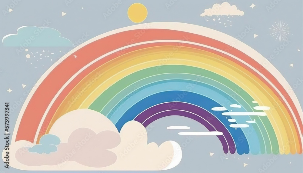  a rainbow with clouds and stars in the sky with a blue sky and white clouds and a rainbow in the sk