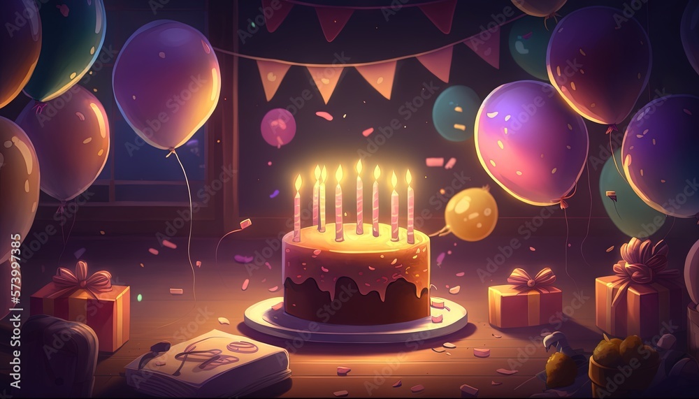  a birthday cake with lit candles surrounded by balloons and presents in a dark room with streamers 
