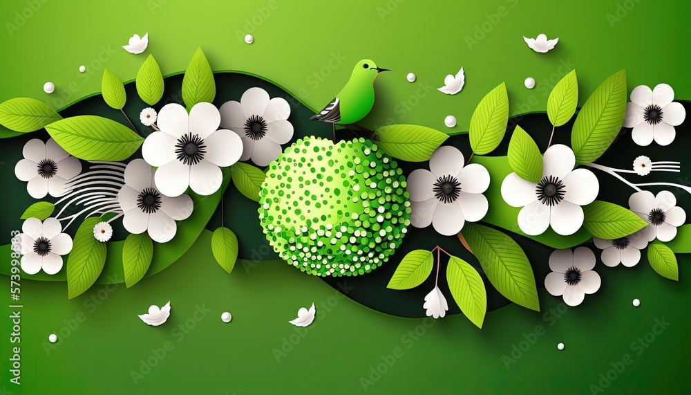  a green background with white flowers and a green bird on top of a green plant with white flowers a