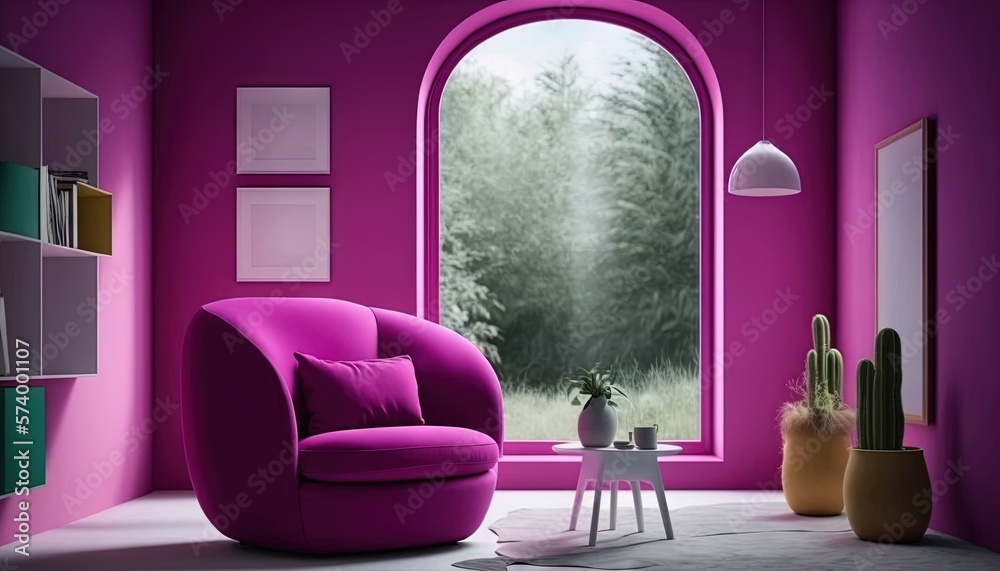  a living room with a pink chair and a window with a view of a forest outside of it and a table with