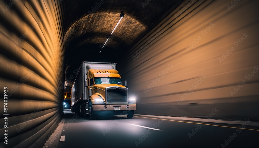  a semi truck driving through a tunnel with a light on its head and lights on the side of the road 