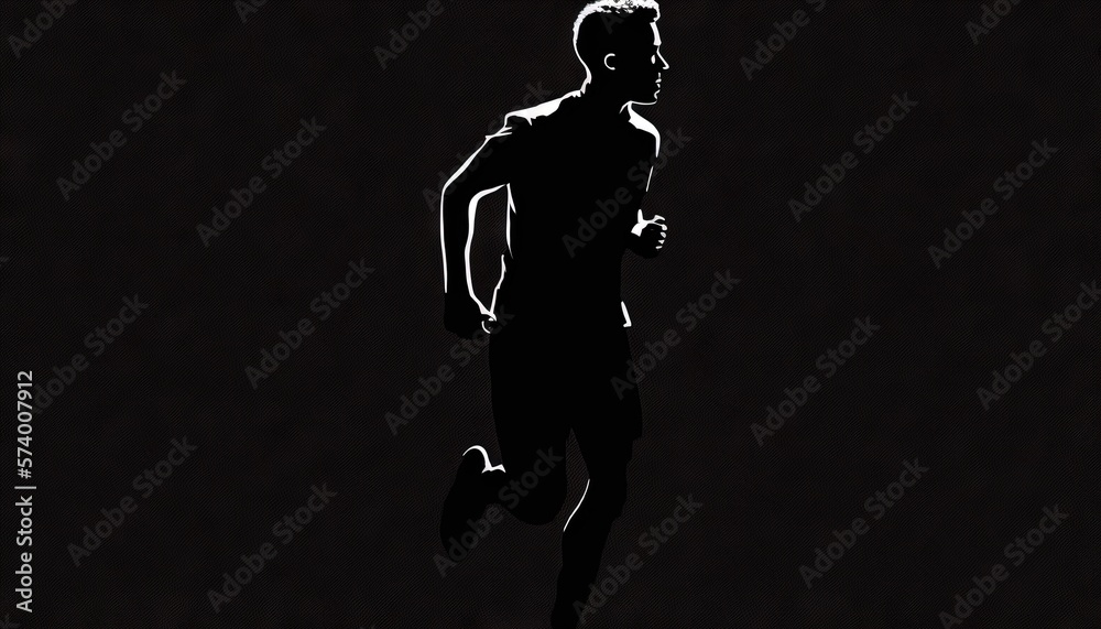  a silhouette of a man running in the dark with a hat on his head and a shirt on his body and a shir