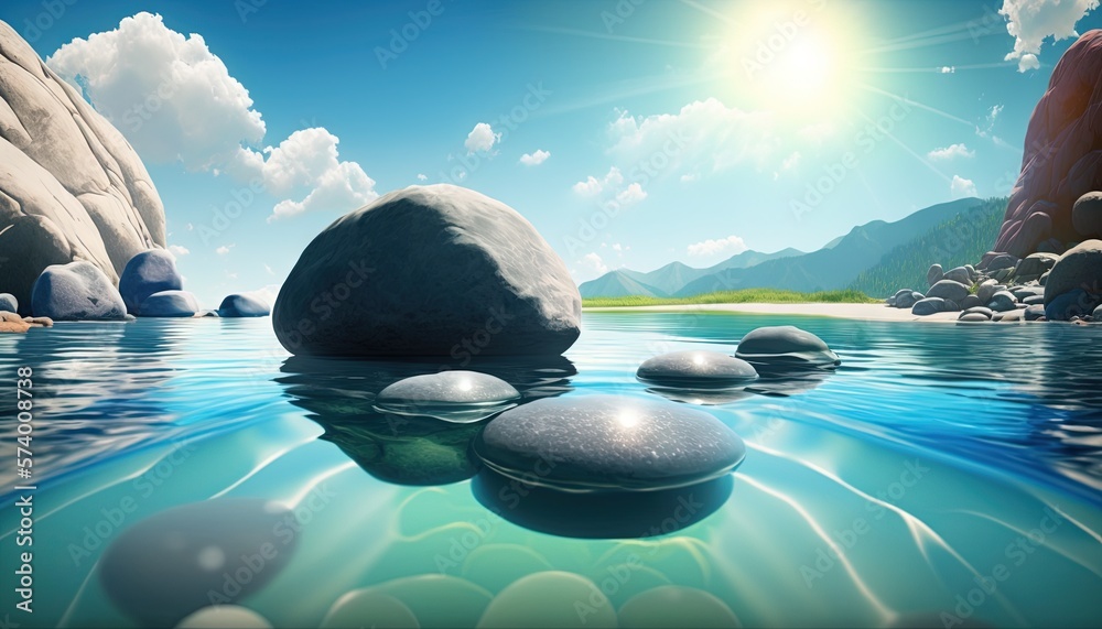 a painting of rocks in the water with a bright sun in the sky above them and a blue body of water w