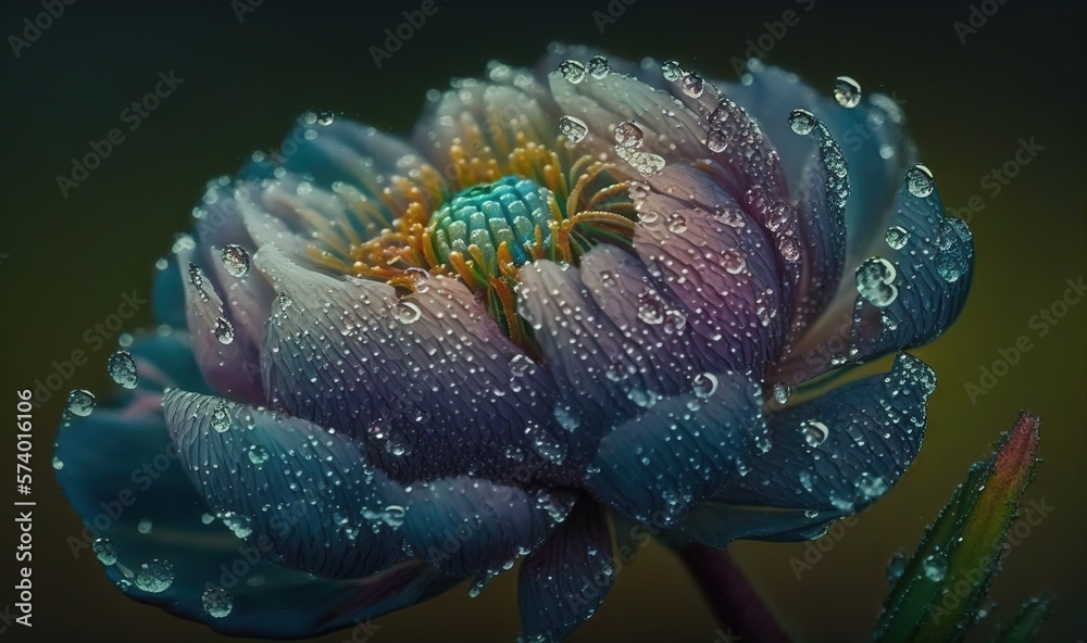  a blue flower with water droplets on its petals.  generative ai