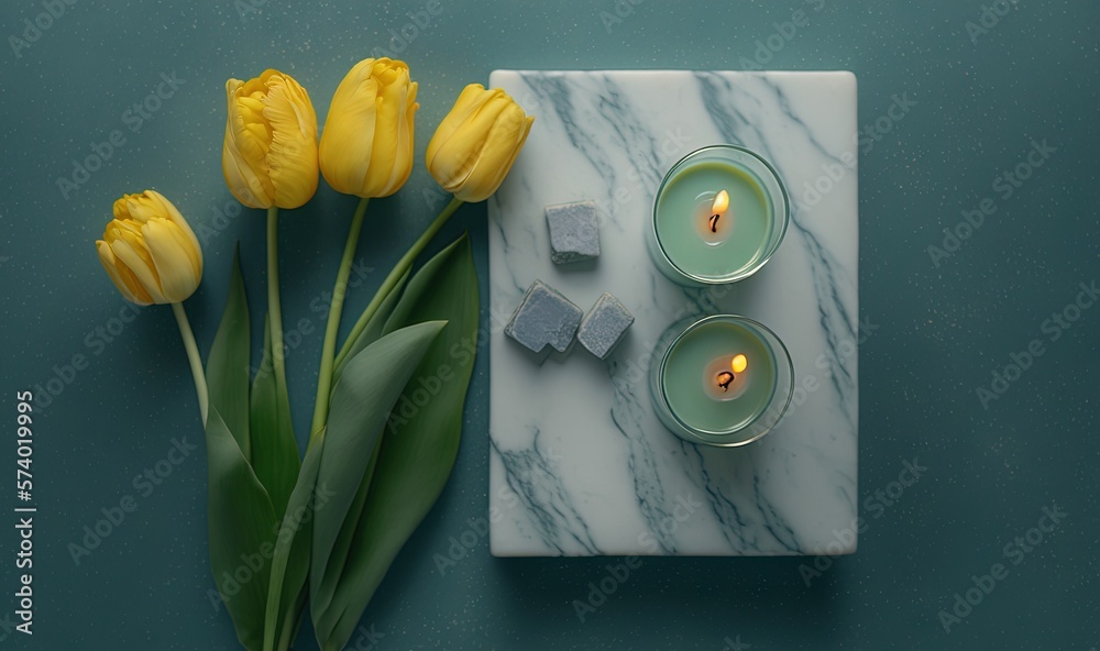  a marble table with candles and tulips on it.  generative ai