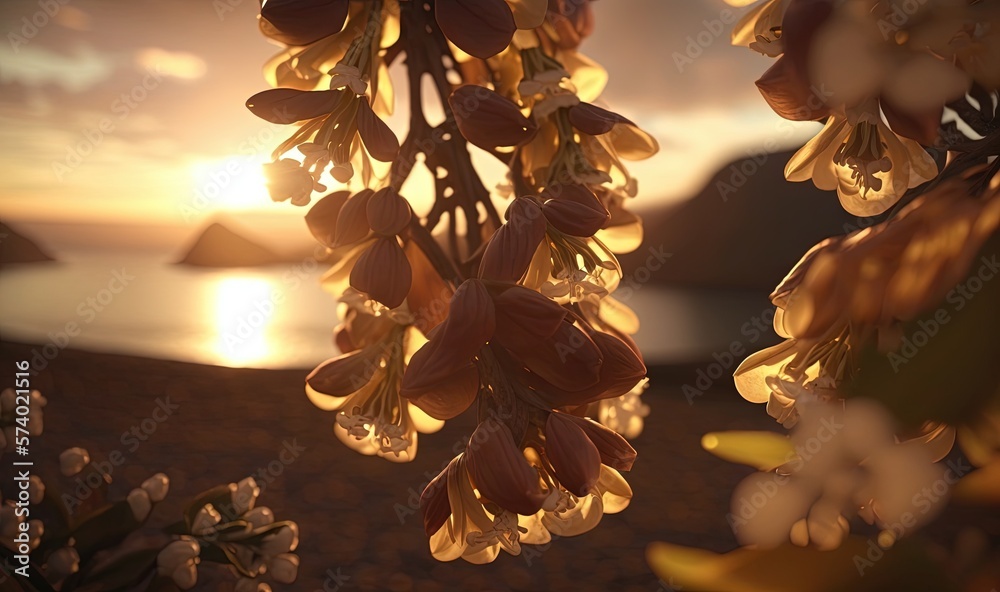 a bunch of flowers that are hanging from a tree in front of a body of water.  generative ai