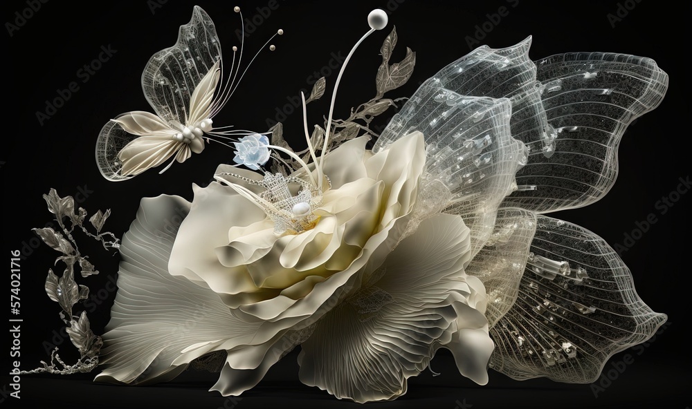  a white flower and two butterflies on a black background with a black background.  generative ai