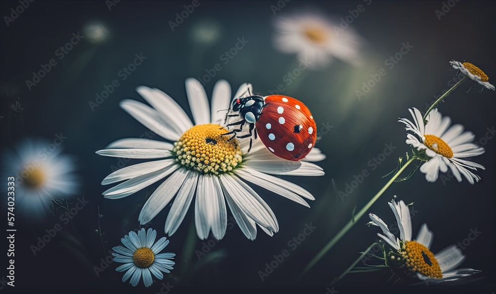  a lady bug sitting on top of a white daisy flower.  generative ai