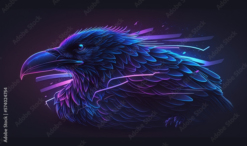  a black bird with a blue beak and purple wings on a dark background.  generative ai