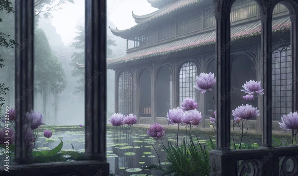  a window view of a building with water lilies in the foreground.  generative ai