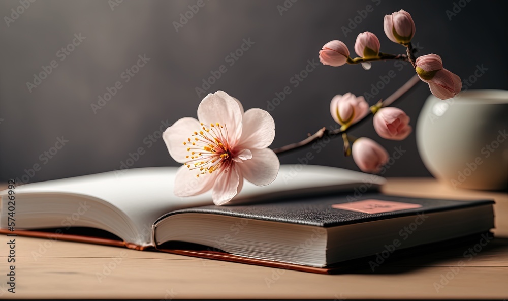  a book with a flower on top of it next to a cup.  generative ai
