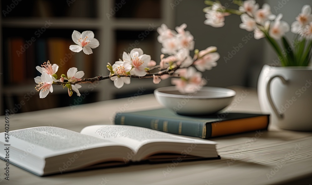  a book and bowl on a table with flowers in a vase.  generative ai