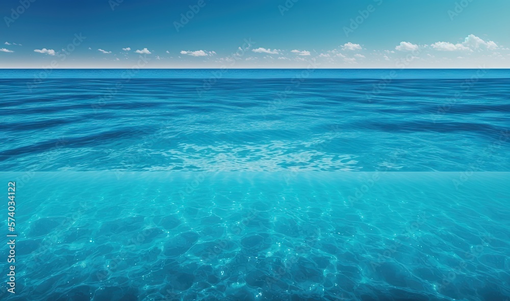  a view of the ocean from the bottom of the water, with a blue sky and white clouds above the water 