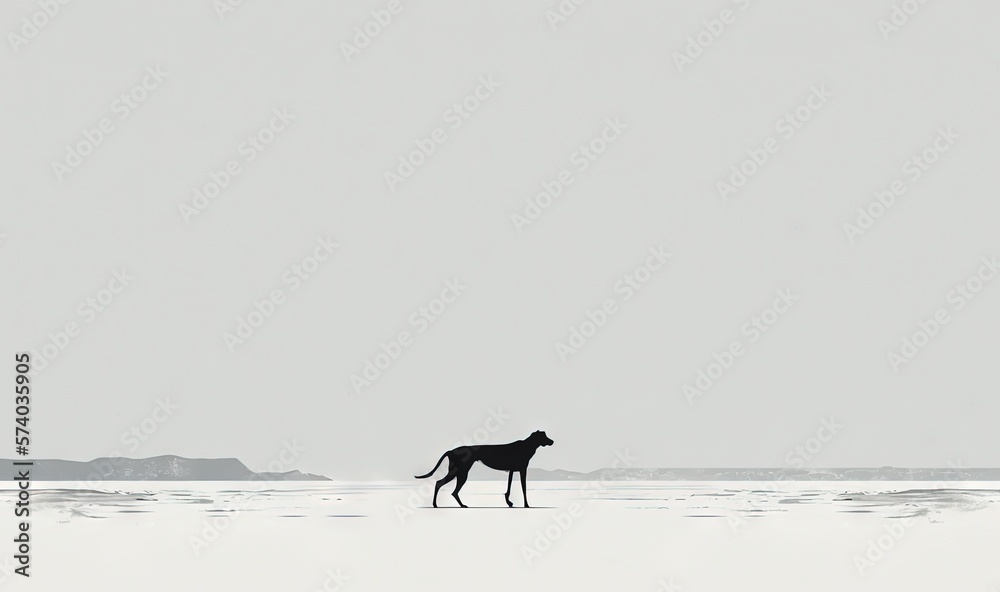  a dog standing in the snow looking out to the ocean on a cloudy day with mountains in the distance 