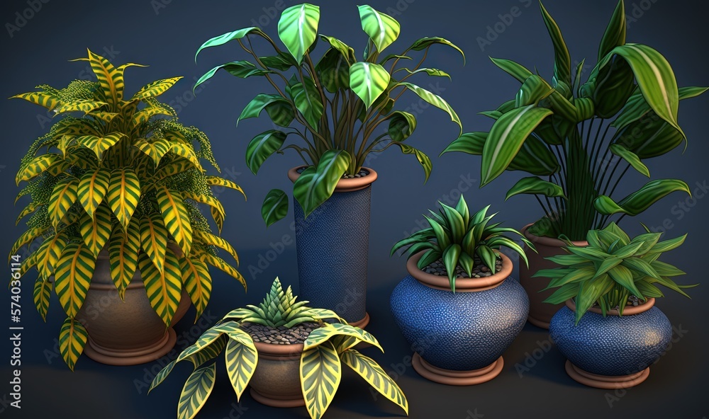  a bunch of potted plants sitting next to each other on top of a black surface with green leaves on 
