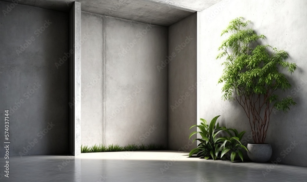  an empty room with a potted plant and a concrete wall in the corner of the room, with a concrete fl