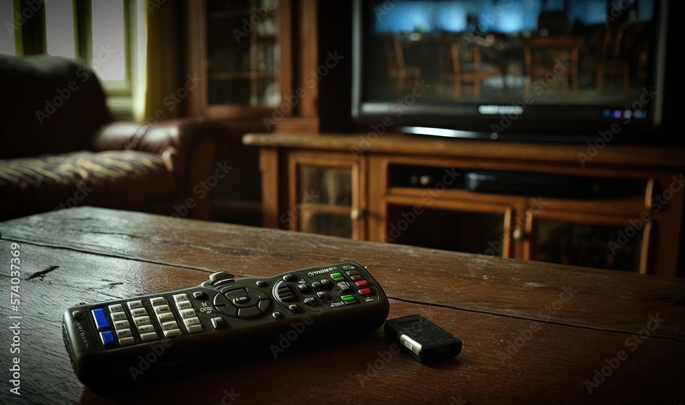  a remote control sitting on a table in front of a television set and a couch in the background with
