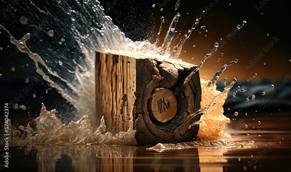  a piece of wood with water splashing around it and a clock on top of it with the number one on it a