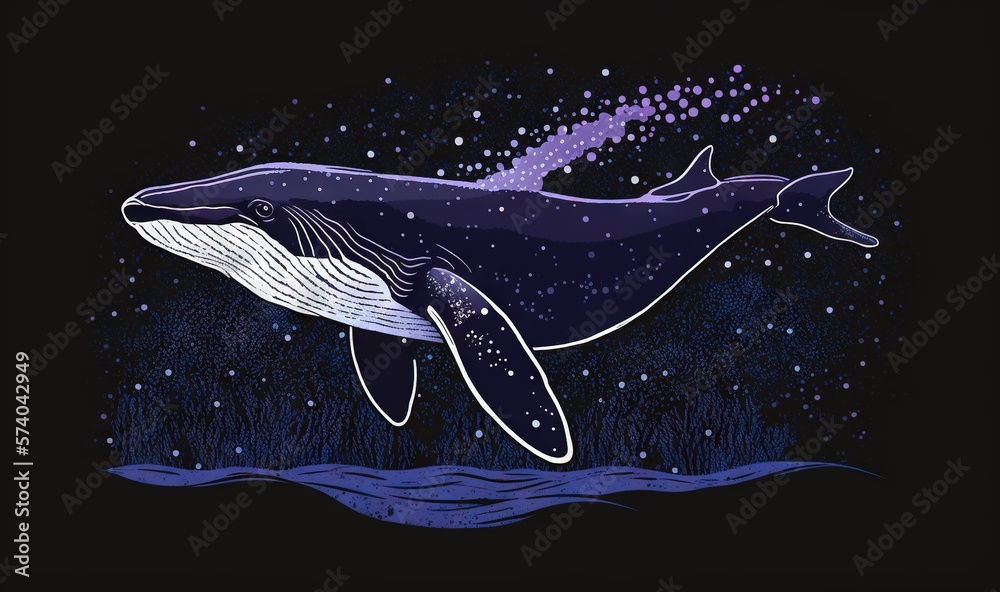  a drawing of a humpback whale jumping out of the water at night with stars in the sky above the wat