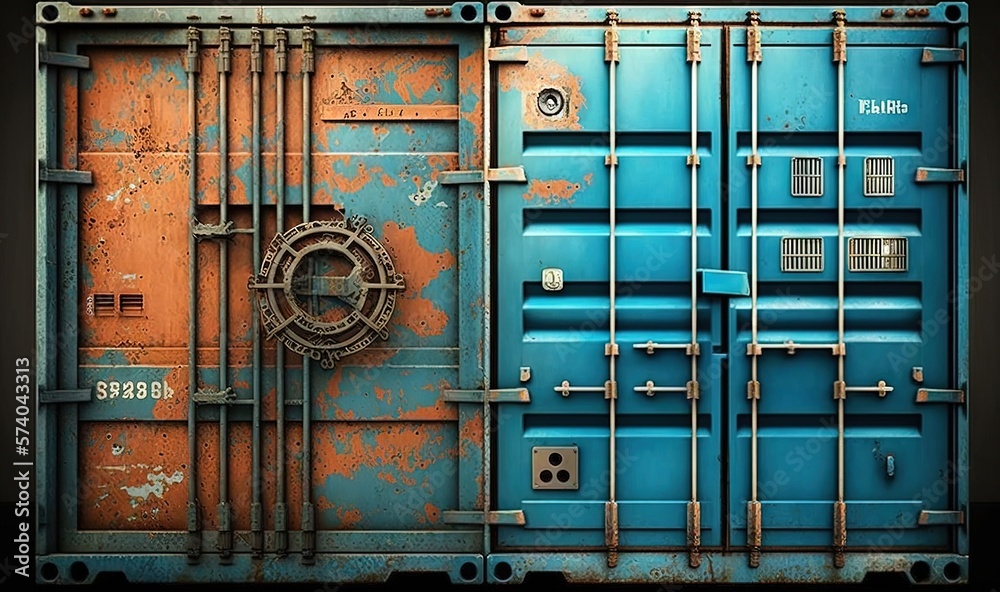  a blue and orange container with metal bars on the side of it and a door with a lock on the side of