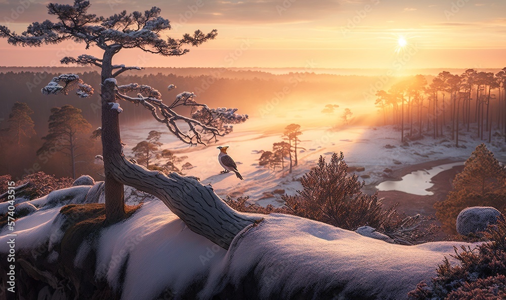  a bird is perched on a tree branch in the middle of a snow covered landscape at sunset or dawn with