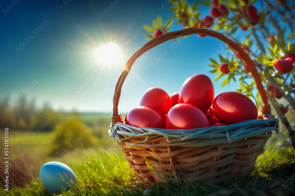 Red Easter eggs in a basket. Easter illustration. Fictional. Created with Generative AI technology.