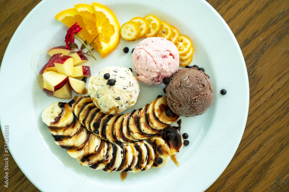 Ice Cream Mix Fruit. Colorful various fruits raspberry ,blueberry ,strawberry ,orange slice , half k