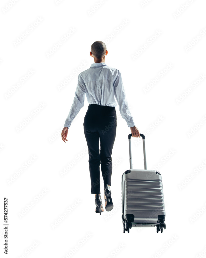Rearview of a business woman travelling with a suitcase on a transparent background