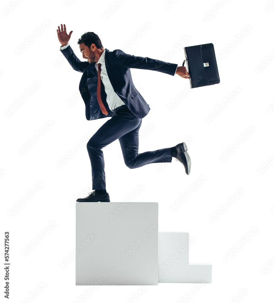 Businessman running off a block of stairs on a transparent background