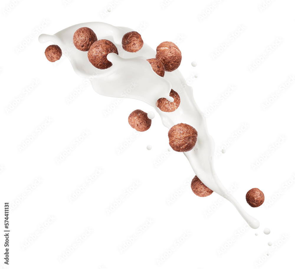 Rye cocoa balls in milk splash closeup isolated on a white background