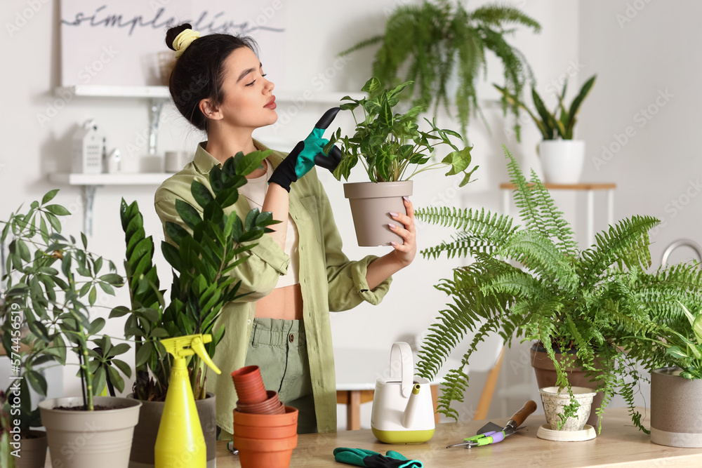Young woman with green houseplants in kitchen