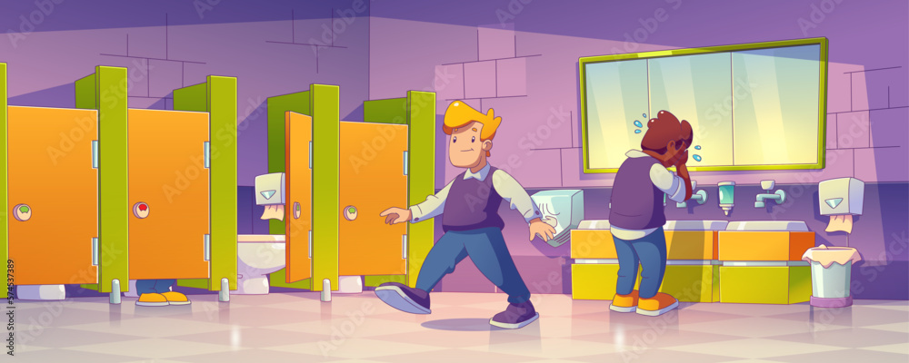 Public toilet in school with tile on clean floor. Cartoon boy restroom with mirror vector background