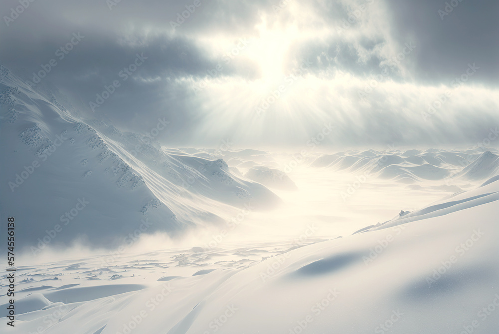 Snow dunes panorama during blizzard. White and empty frozen scenic imaginary landscape. Generative A