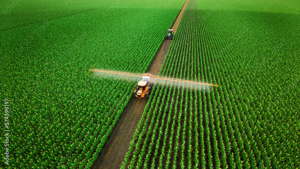Aerial view of tractor spraying fertilizer on corn fields. 3d render