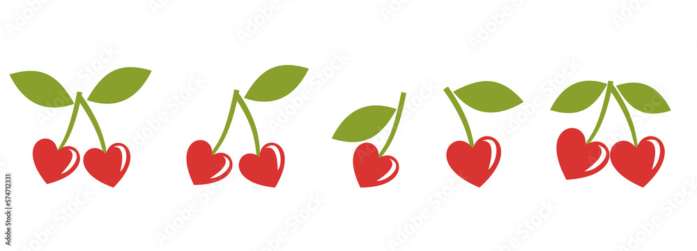 Cherries heart shape with green leaves icon sign isolated on white background vector illustration.