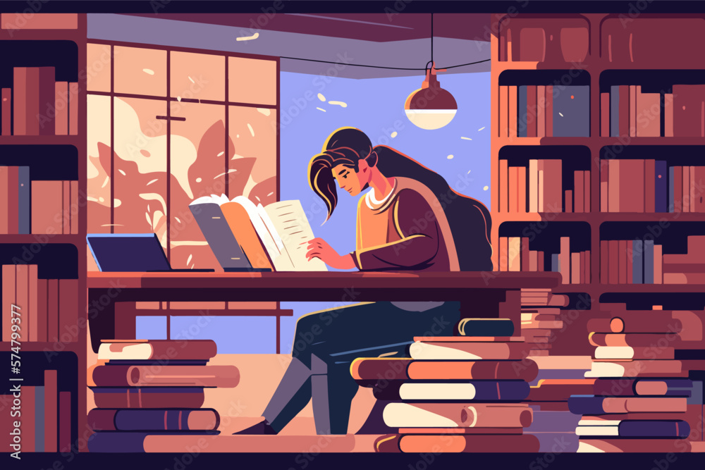 Girl Hard studying and reading at the public library. 2d illustration.