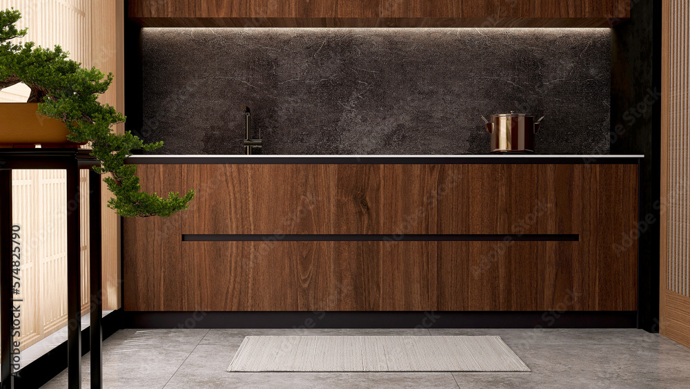 Luxury, modern beautiful wood grain wooden counter, black granite splashback, cupboard, gray tile fl