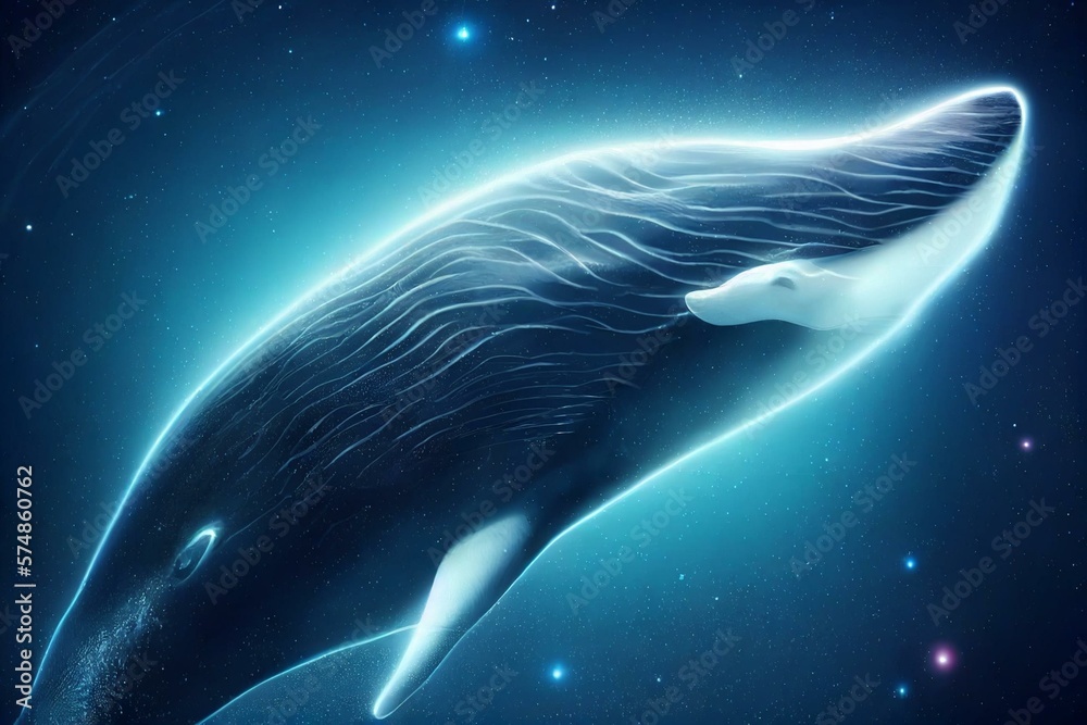 Cosmic whale swimming in space. Godlike creature, awe inspiring, dreamy digital illustration. Genera
