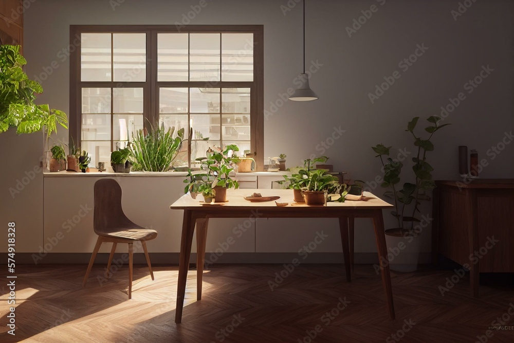 Kitchen table with plant. Wooden desk or board with blur home room interior background for display f