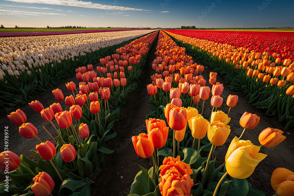 A magical landscape with sunrise over tulip field in the Netherlands, Fields of blooming colorful tu