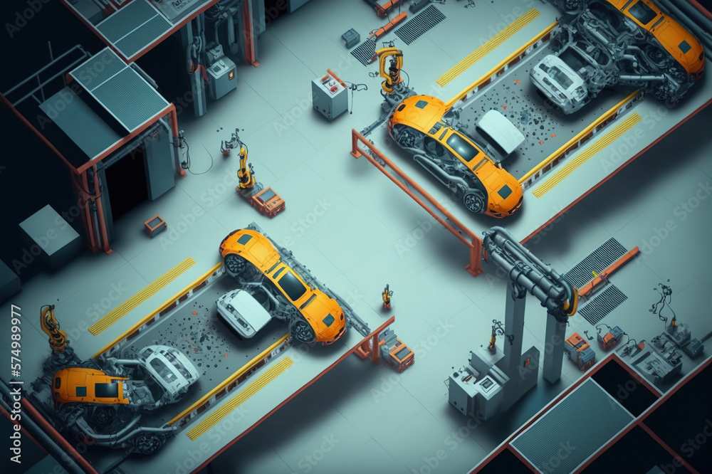 Top View Car Factory with Automated Robot Arm Assembly Line Manufacturing . Sublime Generative AI im