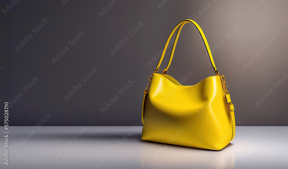 Beautiful trendy smooth youth womens handbag in bright yellow color on a gray studio background. AI