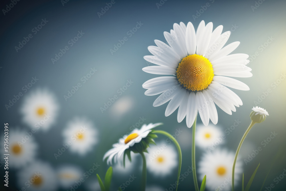 Green field with blooming daisies. Illustration AI Generative