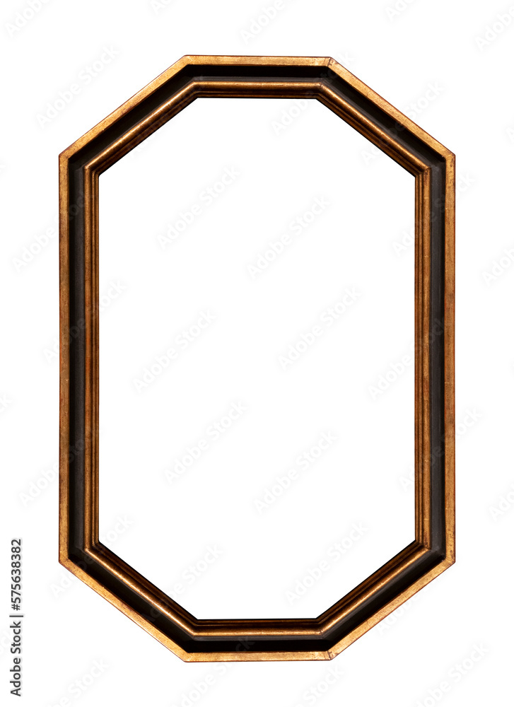 Vintage golden wood octagon frame isolated on white background