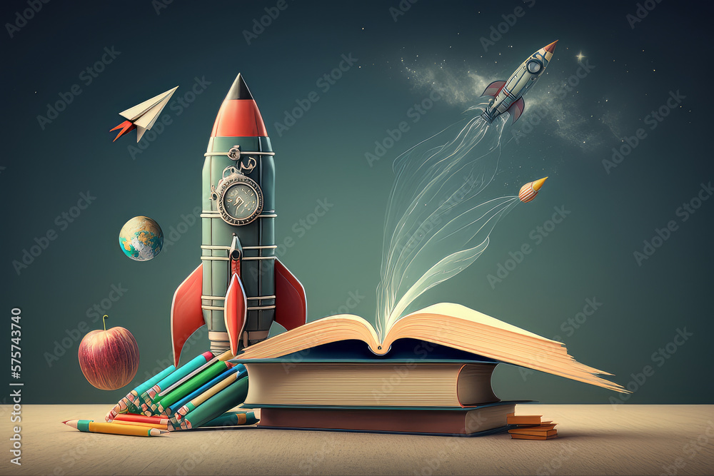 Books And Pencils With Rocket Sketch. Illustration AI Generative