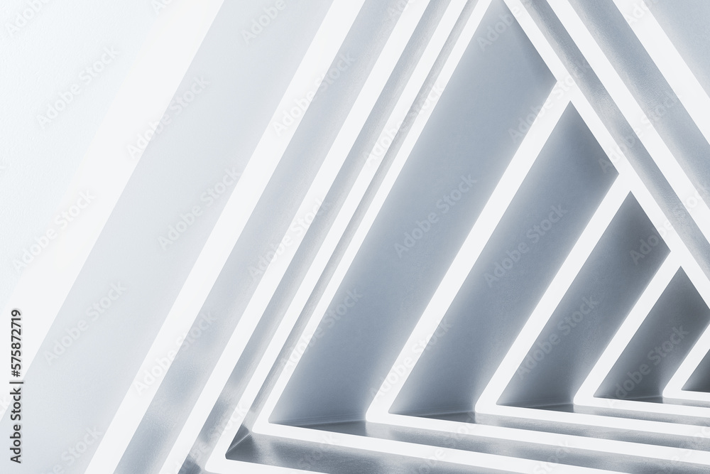 Abstract illuminated white triangular interior. Design concept. 3D Rendering.