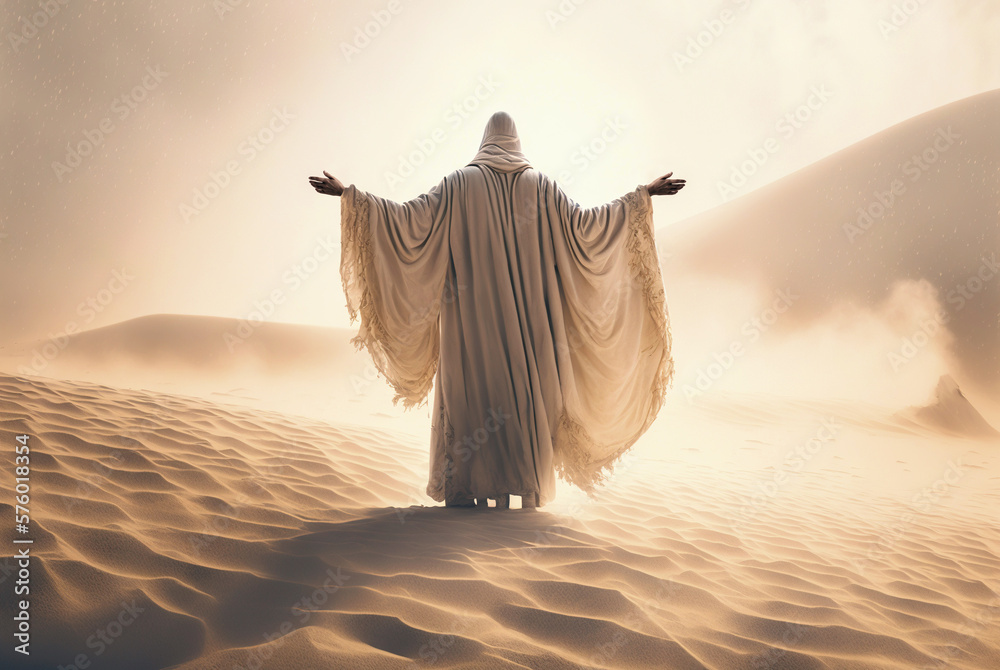 Man in coat stand in a desert sands during the storm, raising hands in praying gesture. Dusty mist. 